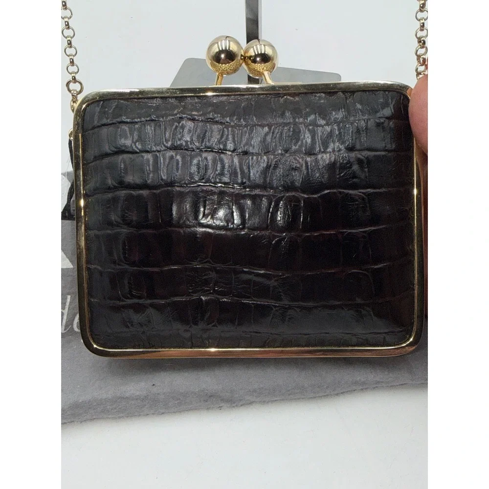 Brahmin Espresso Brown Croc Embossed Leather Kiss Lock Clutch Crossbody Bag